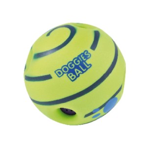 Palla da gioco gialla per cani con strisce blu e scritta "Doggies Ball"