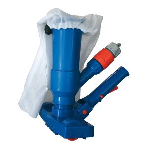 Pulitore per piscina blu con sacco di raccolta per piscine.