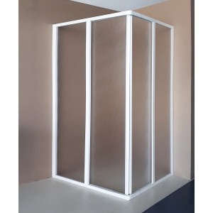 Box doccia angolare con telaio bianco e vetro satinato.