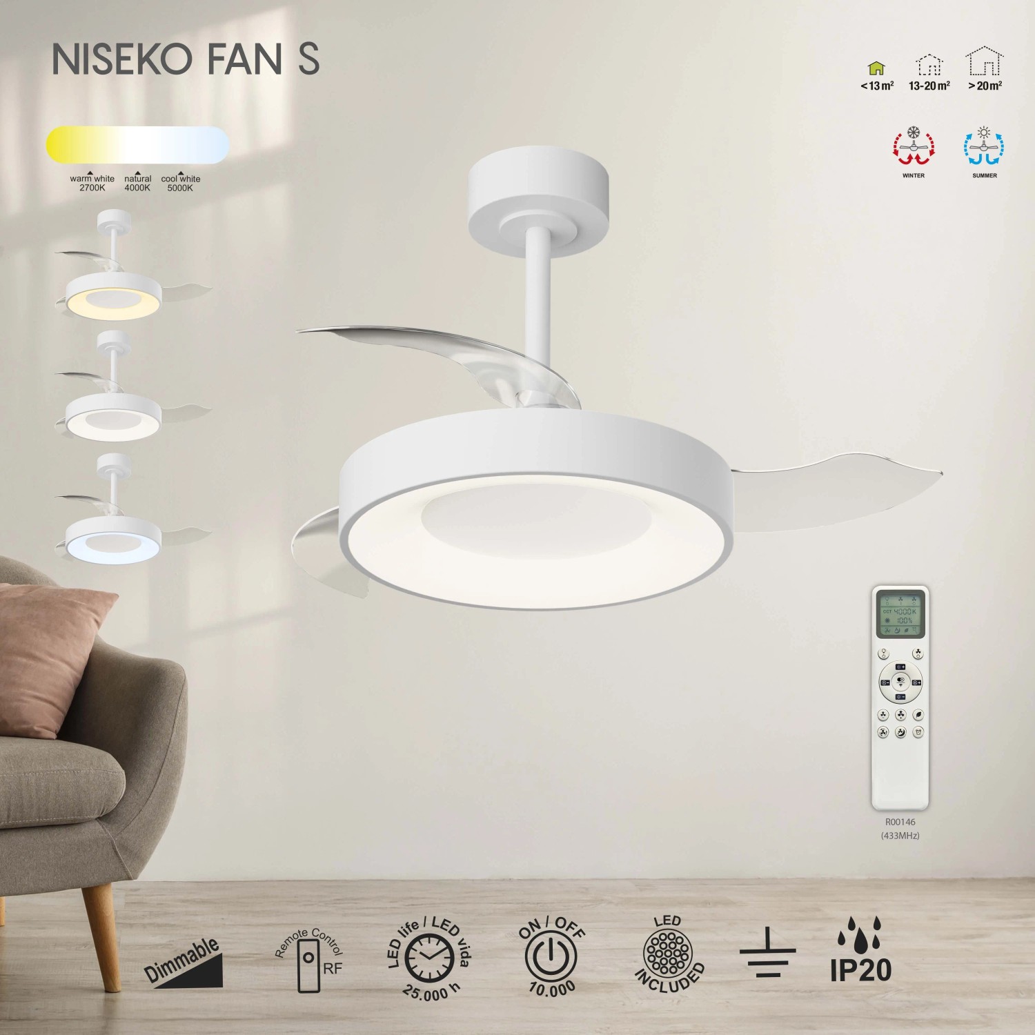 Plafoniera LED moderna e dimmerabile t.b.t. con telecomando, colori della luce regolabili.