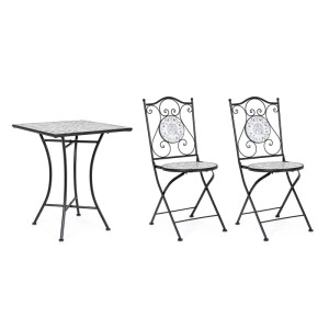 Set bistrot pieghevole ERICE per giardino/balcone: tavolo bistrot con 2 sedie, mosaico in ceramica, struttura in acciaio.