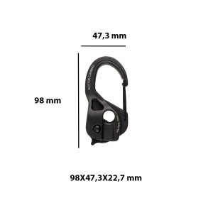 Moschettone nero t.b.t. con dimensioni 98x47,3x22,7 mm per tenditori e cinghie di fissaggio.