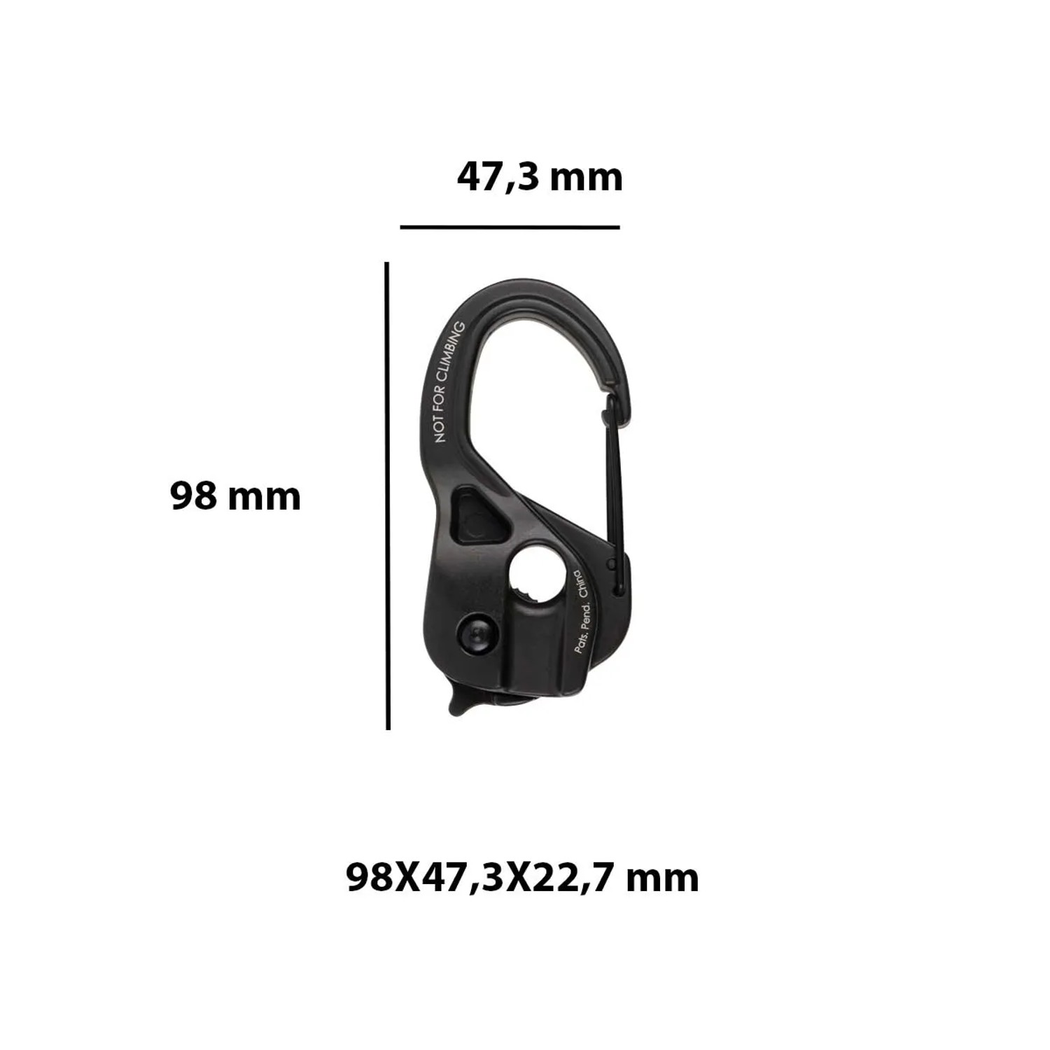 Moschettone nero t.b.t. con dimensioni 98x47,3x22,7 mm per tenditori e cinghie di fissaggio.