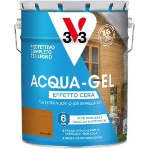 Barattolo di impregnante per legno Acqua-Gel, colore Noce Chiaro, per legni nuovi o già impregnati.