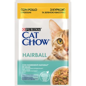 Alimento umido per gatti Purina Cat Chow Hairball con pollo e fagiolini.