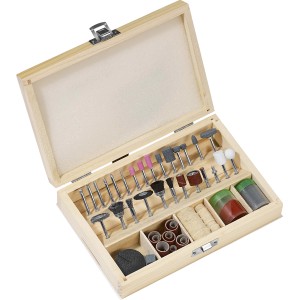 Mini set di utensili da 100 pezzi in scatola di legno: accessori per levigatura, lucidatura e taglio per utensili in miniatura.