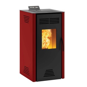 Stufa a pellet t.b.t. rossa con frontale nero e vetro per la fiamma.