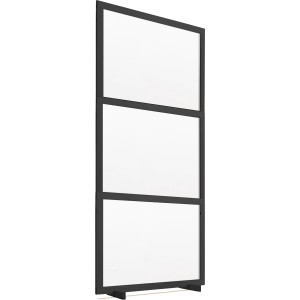 Barriera t.b.t. con tre pannelli trasparenti e cornice nera.