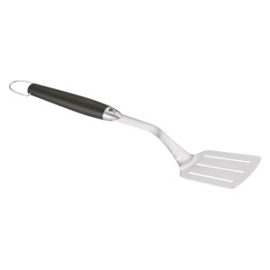 Spatola Weber in acciaio inox con manico nero, utensile per grigliare il pesce.
