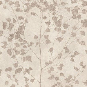 Carta da parati decorativa con delicato motivo a foglie beige.