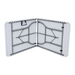 Tavolo da birreria bianco piegato con telaio in metallo grigio.