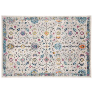 Tappeto vintage con motivo floreale in grigio, blu e rosa.