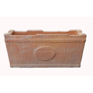 Fioriera rettangolare in terracotta con texture legno e scritta "Welcome".