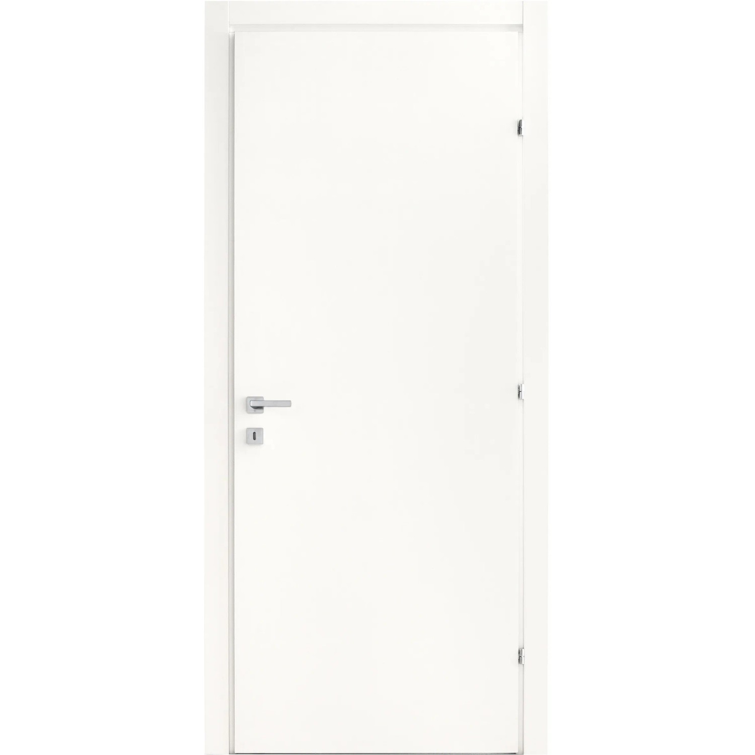 Porta interna bianca con maniglia argentata. Design semplice per ogni stanza.