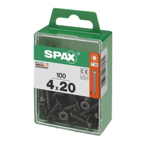 Set di viti SPAX, 4x20 mm, 100 pezzi, in confezione verde. Fissaggio universale per varie applicazioni.