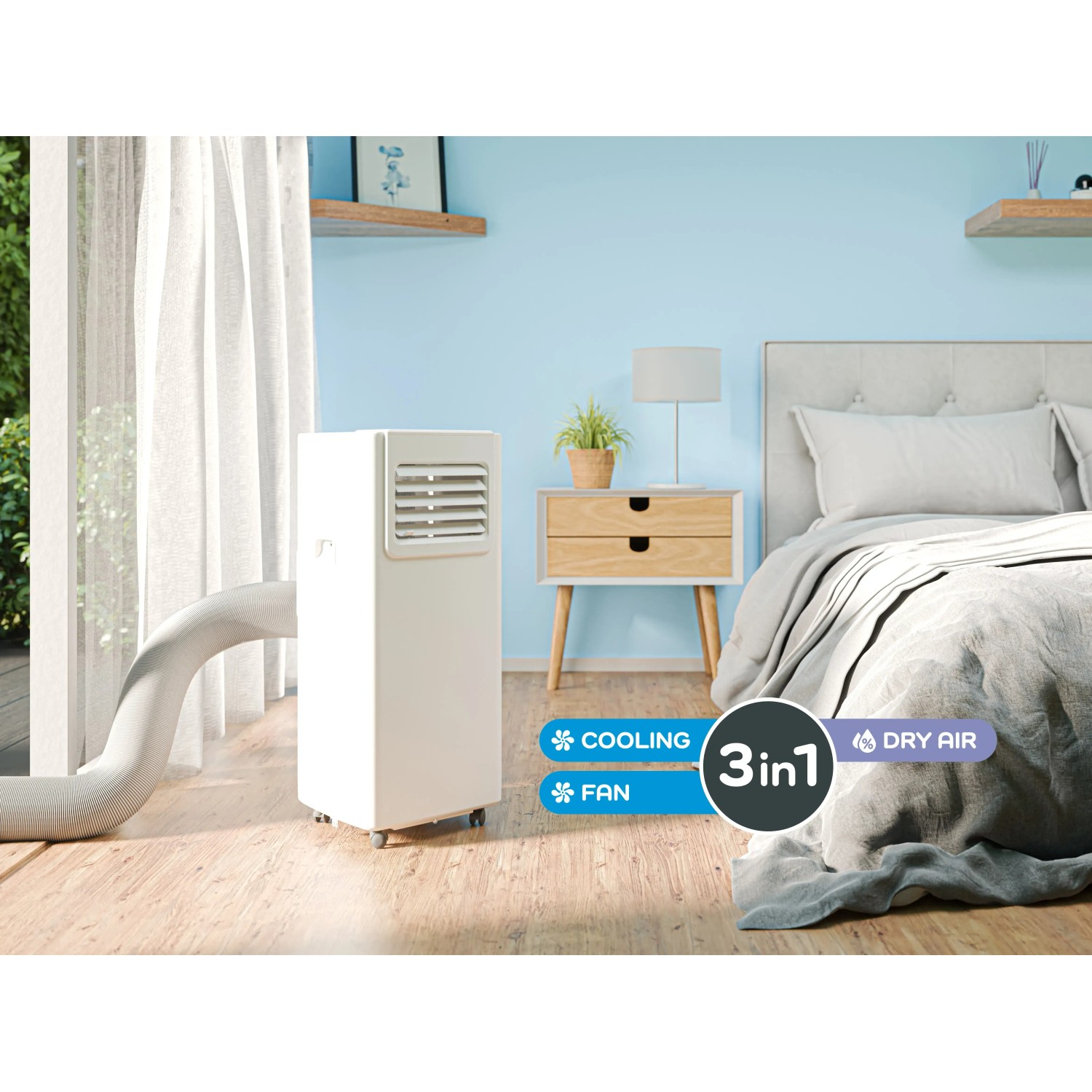 Condizionatore portatile KGM 7000-35 in camera da letto. Funzione 3 in 1: raffreddamento, deumidificazione, ventilazione.