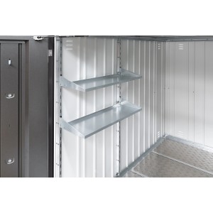 Set di scaffali Biohort per mini garage con 2 ripiani e montanti, colore argento.
