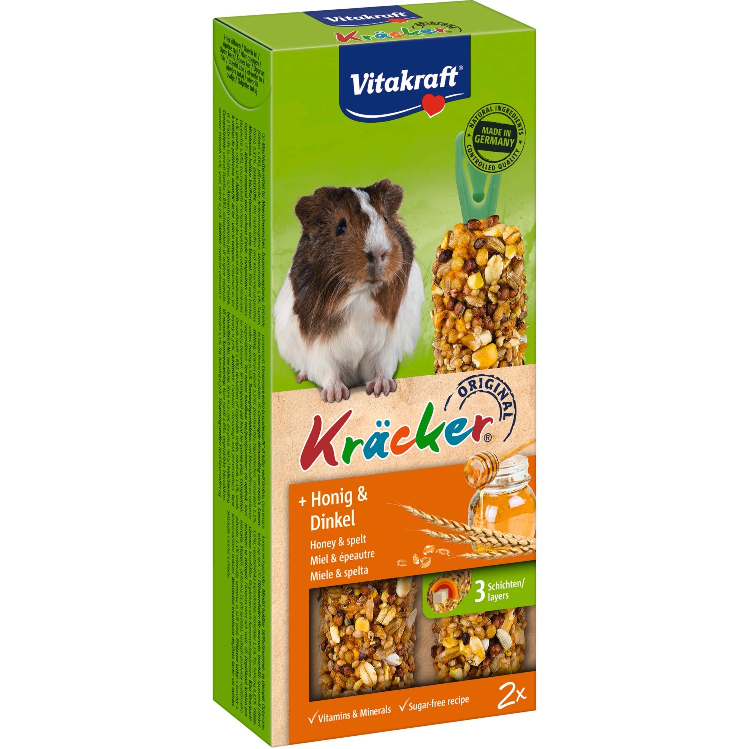 Vitakraft Kräcker Miele e Farro per cavie, 2 pezzi. Bastoncini da rosicchiare con cereali e miele.