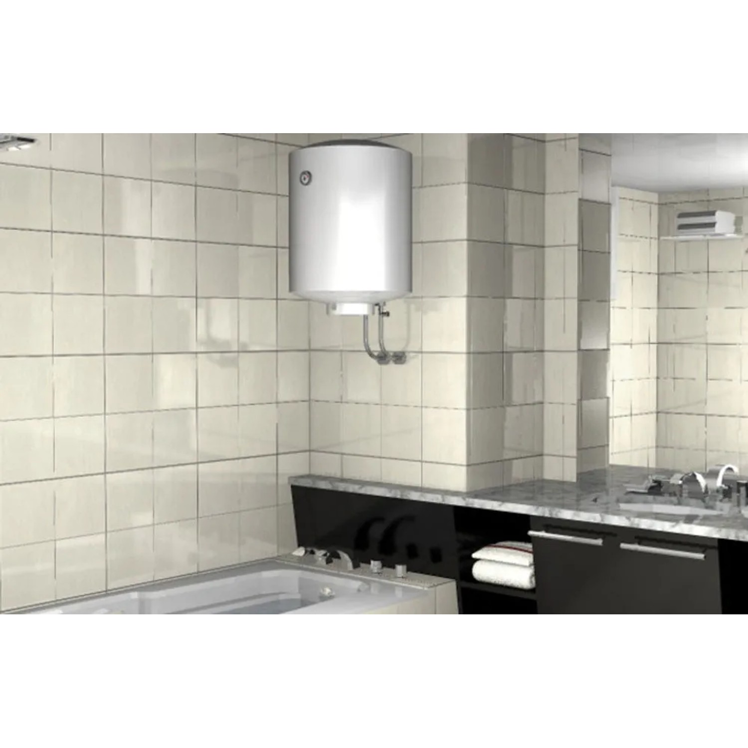 Scaldabagno bianco (t.b.t.) in bagno con parete piastrellata.