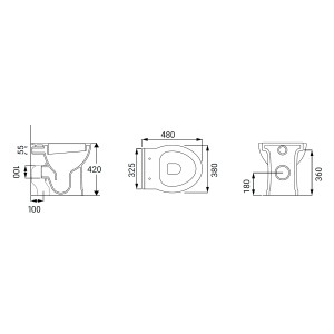 Disegno tecnico del WC t.b.t. a parete con dimensioni.