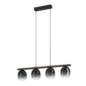 Lampada a sospensione moderna con quattro globi in vetro grigio e barra marrone.