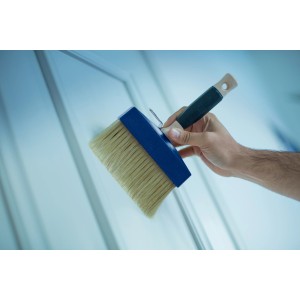 Mano che tiene un pennello largo e blu (pennello per pittura) mentre dipinge una porta bianca.