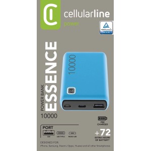 Power bank Cellularline Essence 10000 blu con porta USB, USB-C e Micro-USB.