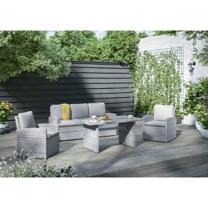 Set di mobili da giardino grigio con divano, tavolo e due poltrone.