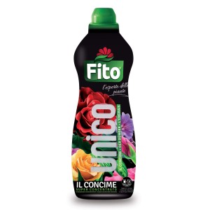 Concime universale Fito in flacone nero con motivo floreale.