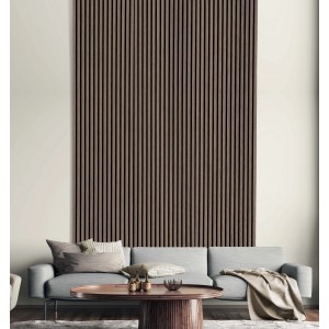 t.b.t. Pannelli fonoassorbenti effetto legno sulla parete sopra un divano.