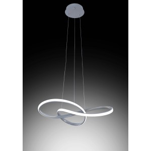 Moderna lampada a sospensione a LED argentata con design curvo per spazi abitativi.