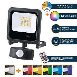 Faretto LED nero con sensore di movimento e telecomando per luce colorata.