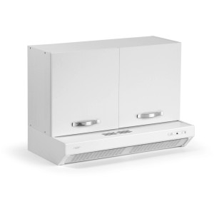 Pensile da cucina bianco con cappa aspirante integrata.