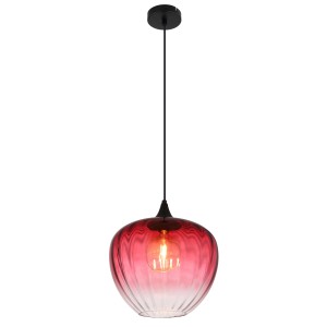 Lampada a sospensione t.b.t. con paralume in vetro rosso per illuminazione d'atmosfera.