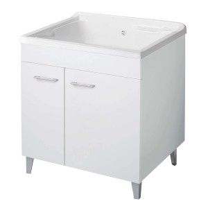 Mobile lavatoio bianco con due ante e vasca.