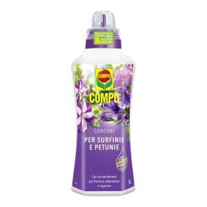Concime liquido COMPO per surfinie e petunie, flacone da 1 litro.