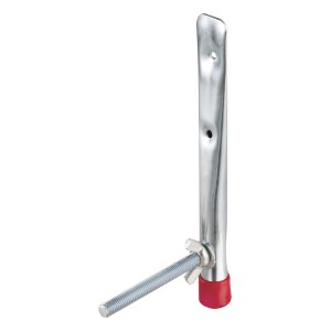 Supporto per cerchi zincato per montaggio a parete con barra filettata e cappuccio in gomma rossa.