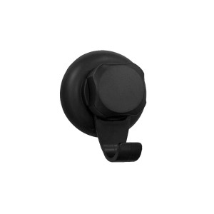 Gancio a ventosa nero per montaggio a parete, ideale per bagno e cucina.