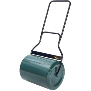 Rullo da giardino verde con manico nero per la cura del prato.