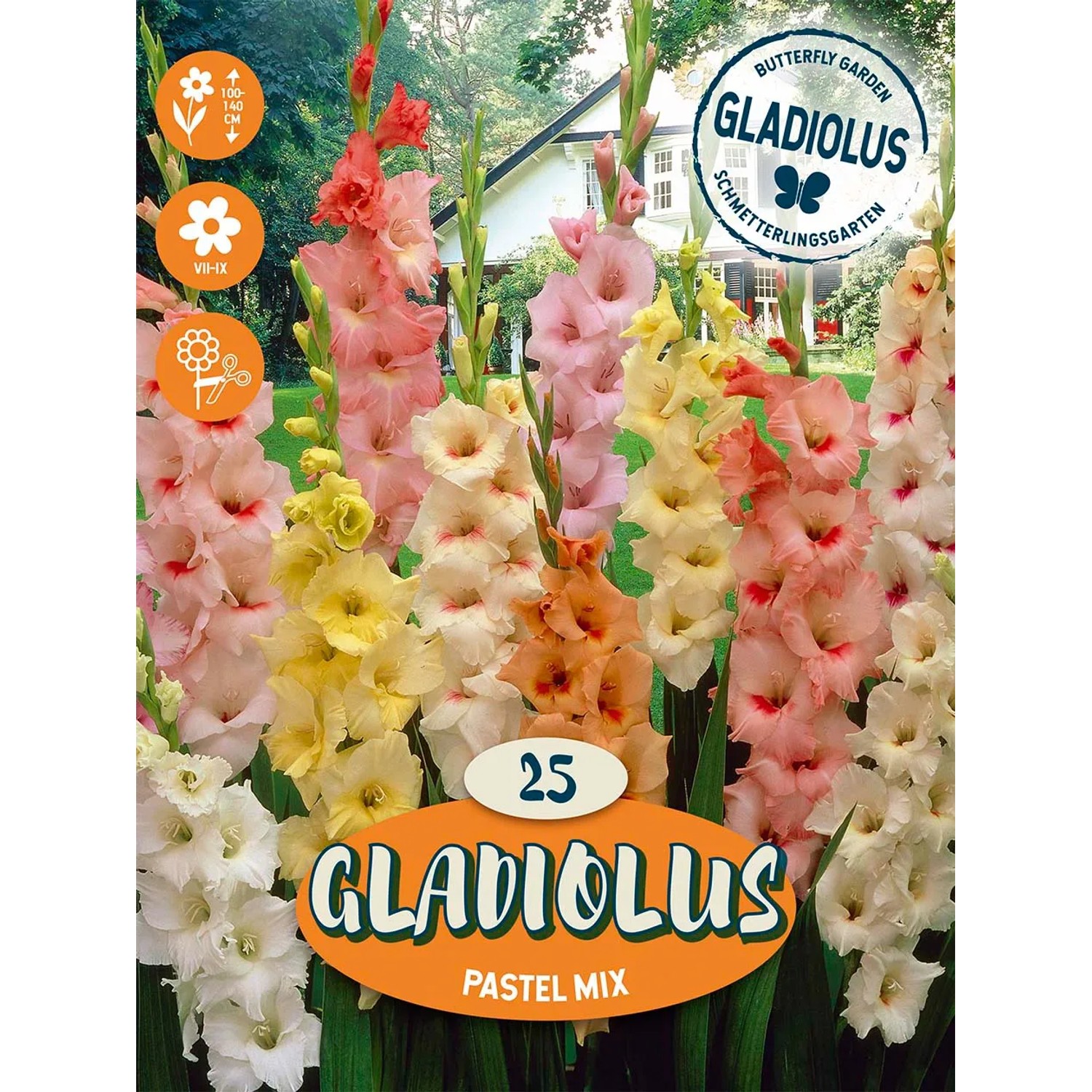 Gladioli Pastel Mix: Bulbi da fiore con fiori color pastello in bianco, rosa, giallo e arancione.