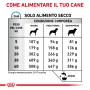 Guida all'alimentazione per t.b.t. cibo secco per cani: Tabella con quantità di cibo in base a peso e condizione del cane.