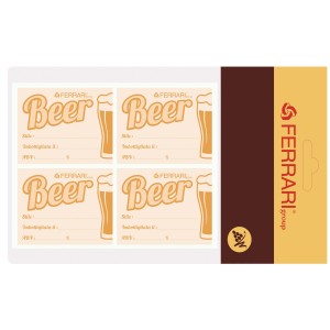 Etichette per bottiglie di birra t.b.t. con motivo a bicchiere di birra e spazio per le info.