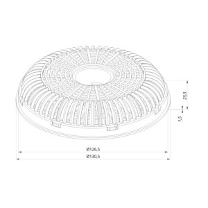 Disegno tecnico di un filtro a carboni attivi rotondo (t.b.t.) con dimensioni.