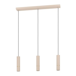 Lampada a sospensione t.b.t. con tre paralumi cilindrici in legno chiaro.