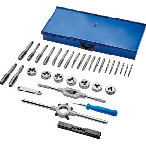 Set maschi e filiere LUX Classic da 32 pezzi con maschi, filiere, giramaschi, portafiliere, calibro, cacciavite e valigetta.