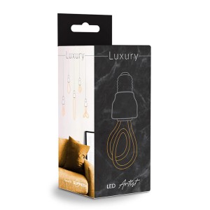 Confezione di una lampadina LED E27 t.b.t. con illustrazione della lampadina e scena di un soggiorno.