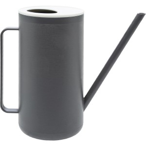 Annaffiatoio grigio con beccuccio lungo e coperchio bianco.