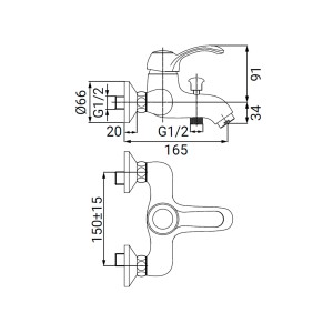 Disegno tecnico: t.b.t. rubinetto per vasca con dimensioni.