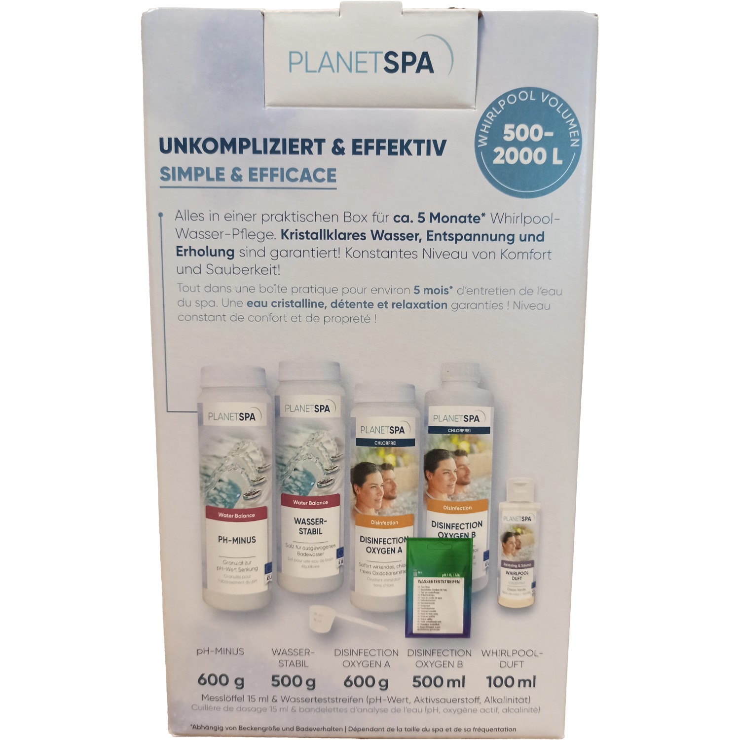 Planet Spa Set cura idromassaggio con ossigeno attivo per piscine da 500-2000 L. Set completo con componenti di pulizia e profumo.