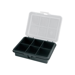 Cassetta portaminuteria nera con coperchio trasparente e 6 scomparti.